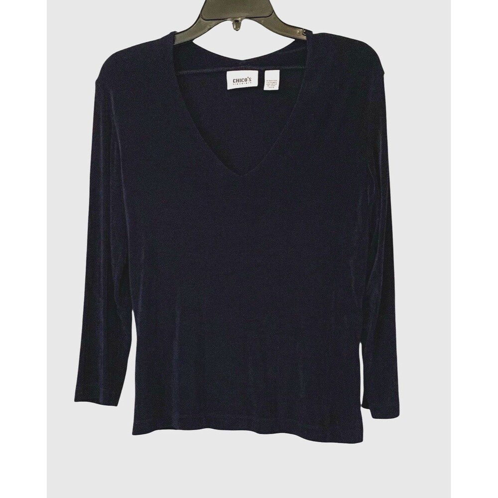 Chico's Women's Size 0 (US Small) Black Solid V-Neck Long Sleeve Pullover Top